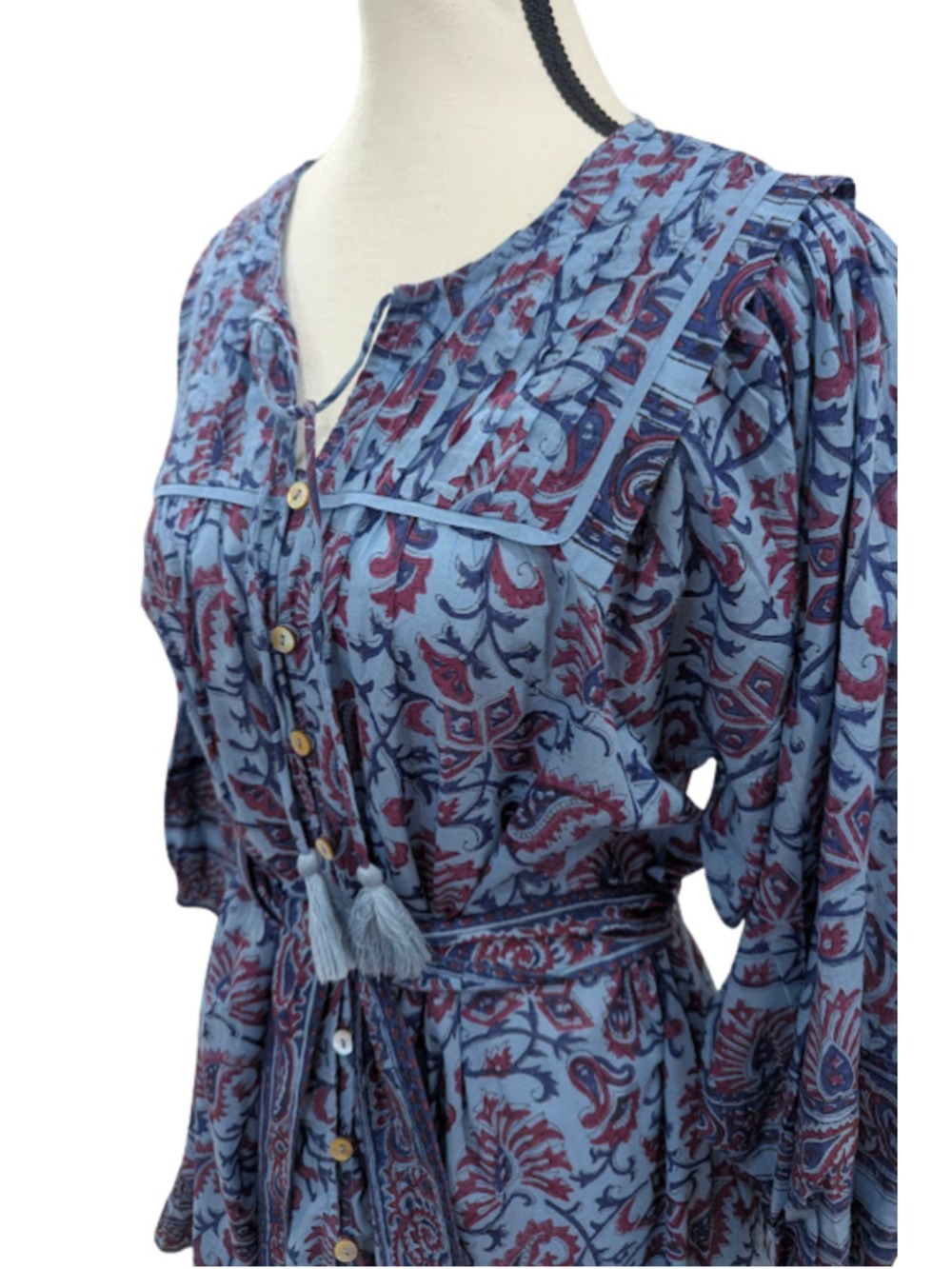 Cleobella Organic Cotton Paisley Boho Mini Dress M Blue Plum Belt Pockets - Picture 13 of 13